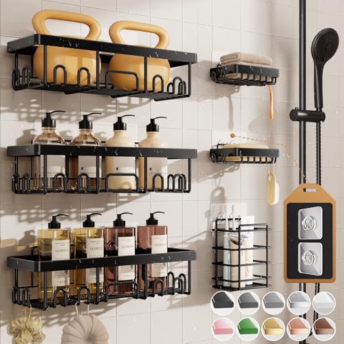 Veken Shower Caddy 6-Pack,Advanced Rustproof Design, No Drilling Adhesive Shelves, Rack with Soap Holder, Large Capacity Bathroom Organizers and Storage, Wall-Mounted Kitchen & Home Decor