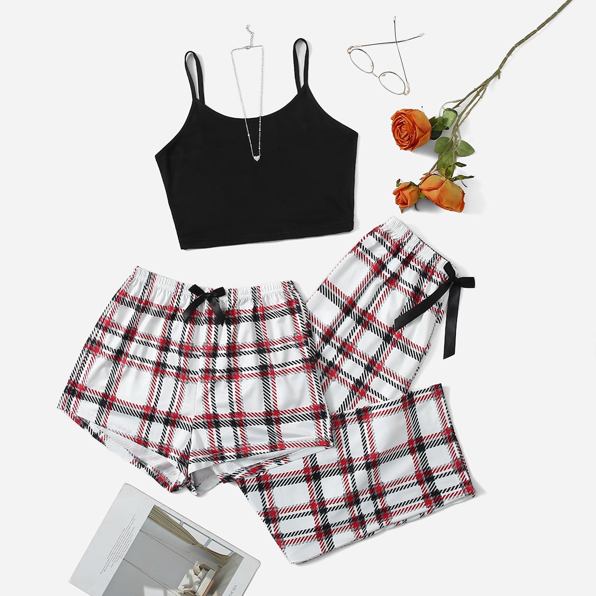3pcs Plaid Bow Front PJ Set