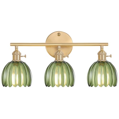 Shenmoyl Bathroom Light Fixtures, 3-Light Brass Vanity Wall Light Over Mirror with Green Tulip Glass Shade for Bedroom Living Room (Bulb Not Included)